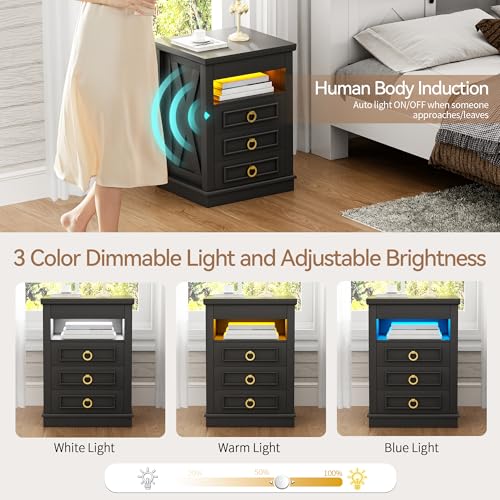 Farmhouse Nightstand Set with LED Lights and Drawers
