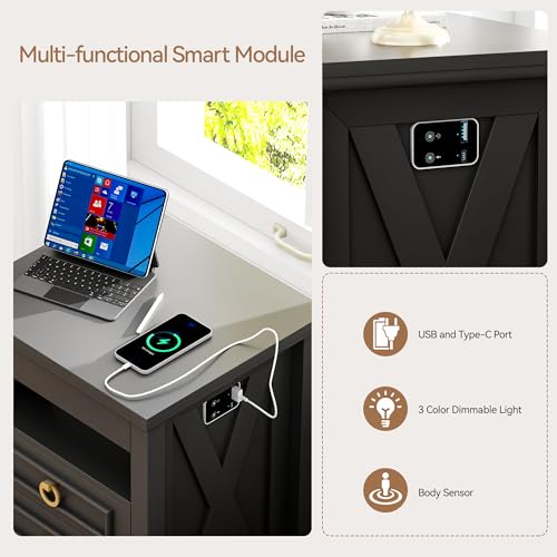 Farmhouse Nightstand Set with LED Lights and Drawers