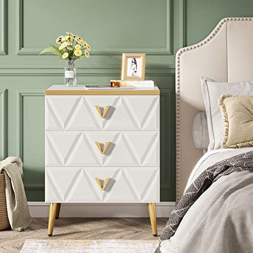 Elegant 3-Drawer Nightstand Set with Golden Legs