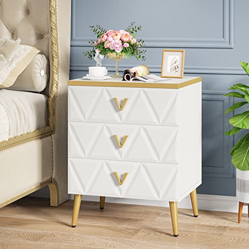 Elegant 3-Drawer Nightstand Set with Golden Legs
