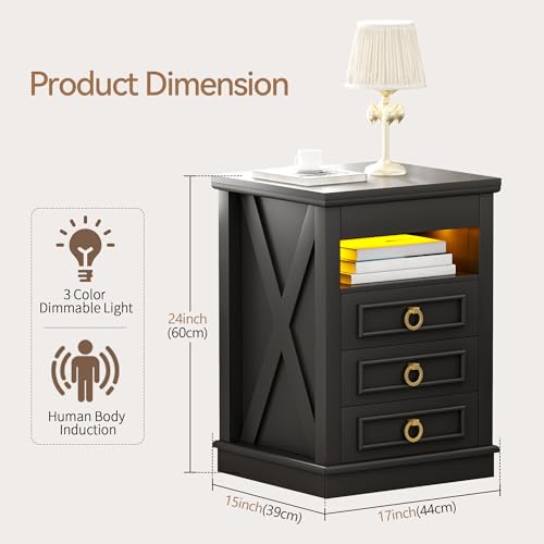 Farmhouse Nightstand Set with LED Lights and Drawers