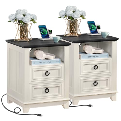 Set of 2 Farmhouse Nightstands with Charging Station