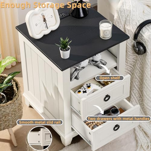 Set of 2 Farmhouse Nightstands with Charging Station