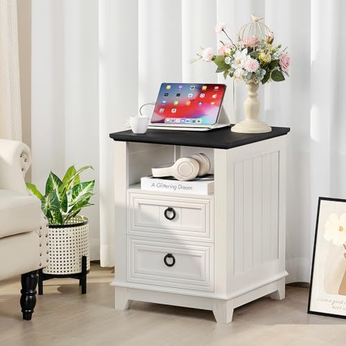 Set of 2 Farmhouse Nightstands with Charging Station