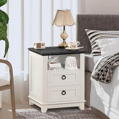 Set of 2 Farmhouse Nightstands with Charging Station
