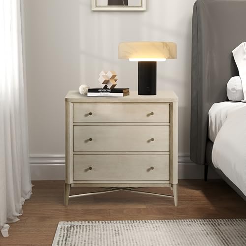 Champagne 3-Drawer Solid Wood Nightstand with Metal Frame