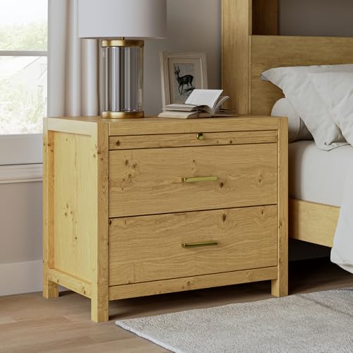 Wooden Farmhouse Nightstand with Storage and Tray