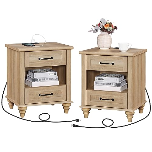 Farmhouse Nightstands Set of 2 with Charging Station
