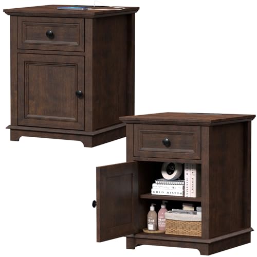 Cherry Adjustable End Tables with Drawers - Set of 2