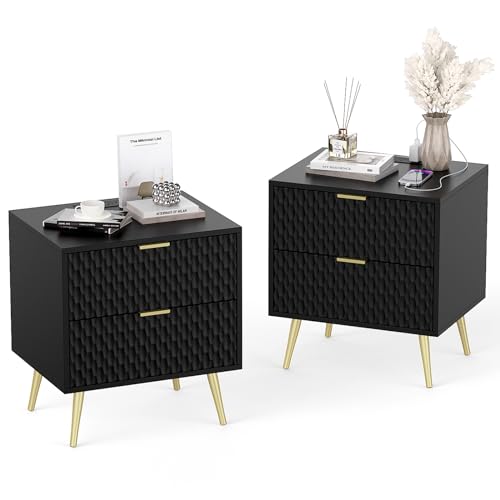 Modern Black Gold Nightstand Set with Charging Station