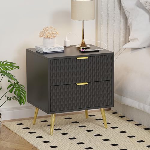 Modern Black Gold Nightstand Set with Charging Station