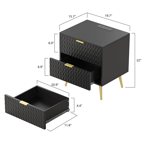 Modern Black Gold Nightstand Set with Charging Station