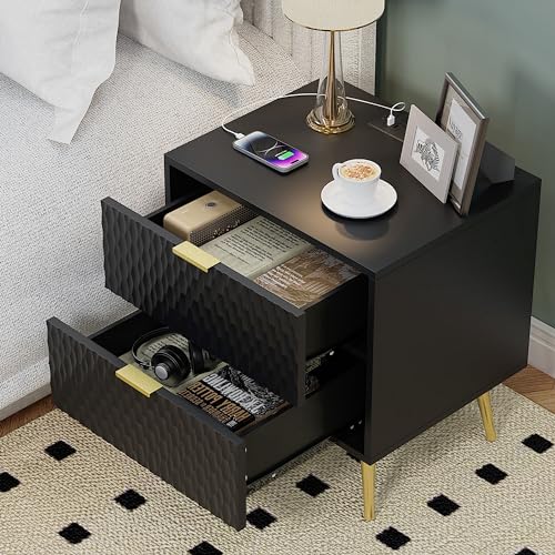 Modern Black Gold Nightstand Set with Charging Station