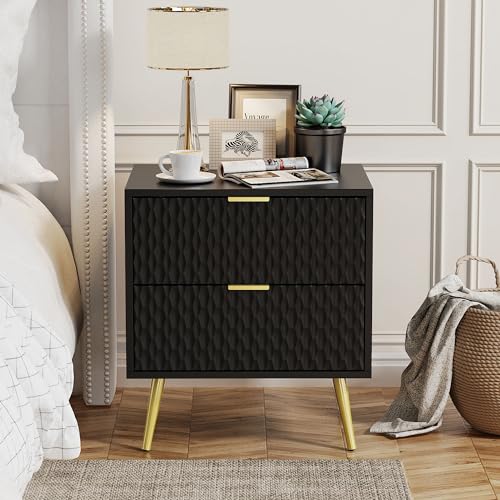 Modern Black Gold Nightstand Set with Charging Station