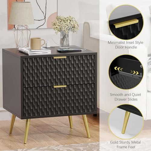 Modern Black Gold Nightstand Set with Charging Station