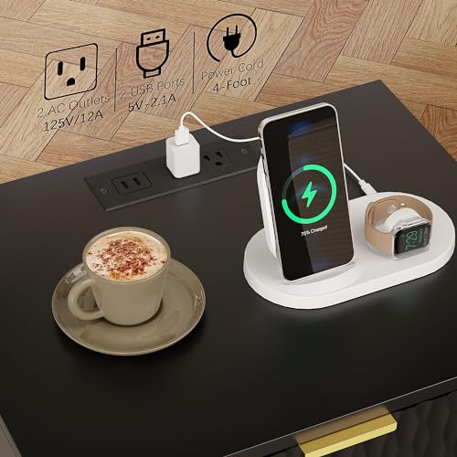 Modern Black Gold Nightstand Set with Charging Station