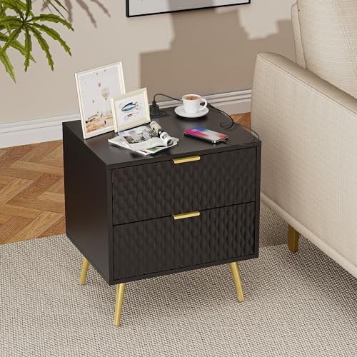 Modern Black Gold Nightstand Set with Charging Station
