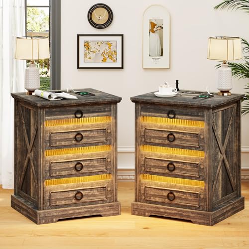 Rustic Brown Bedside Table Set with Charging Station