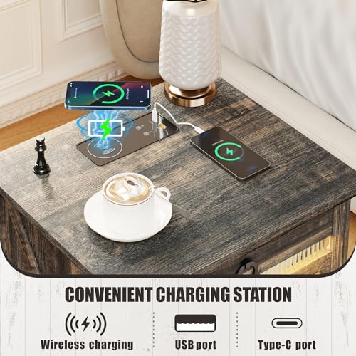 Rustic Brown Bedside Table Set with Charging Station