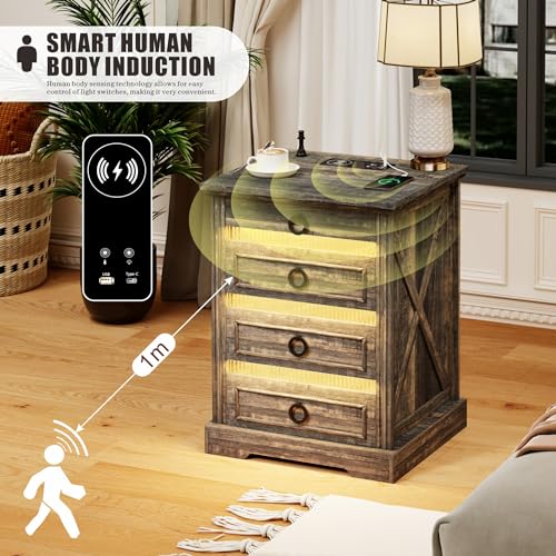 Rustic Brown Bedside Table Set with Charging Station