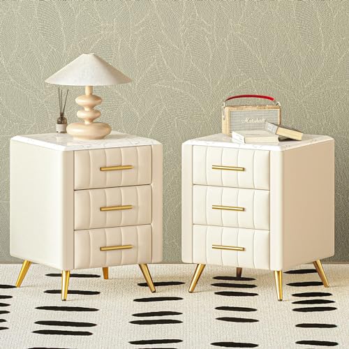 Set of 2 Beige Upholstered Nightstands with Drawers