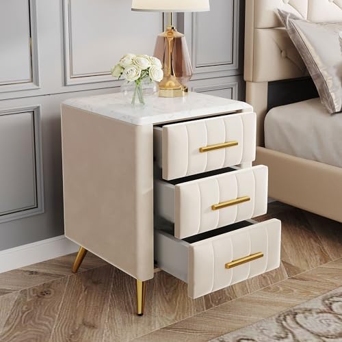 Set of 2 Beige Upholstered Nightstands with Drawers