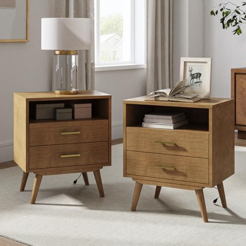 Walnut Nightstand Set with Charging Station & Drawers