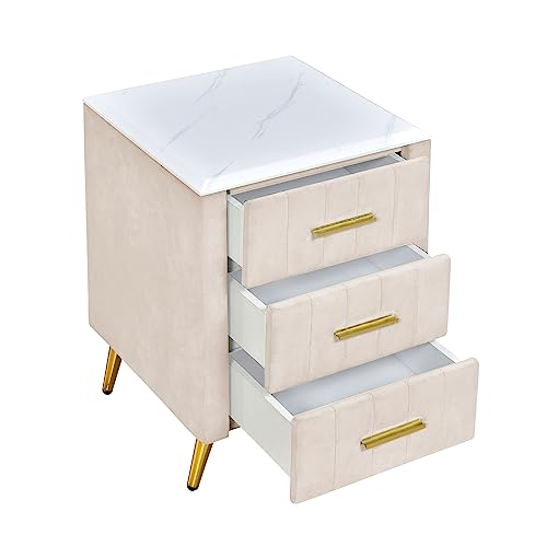 Set of 2 Beige Upholstered Nightstands with Drawers