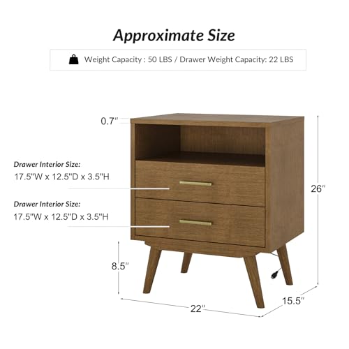 Walnut Nightstand Set with Charging Station & Drawers