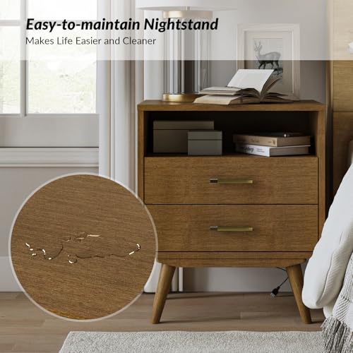 Walnut Nightstand Set with Charging Station & Drawers