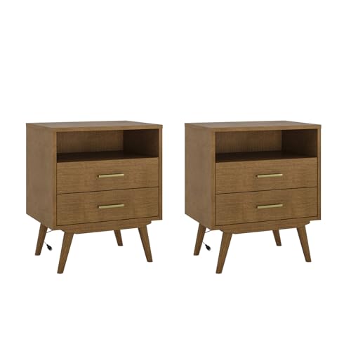 Walnut Nightstand Set with Charging Station & Drawers