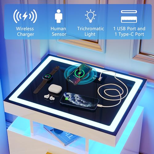 Modern LED Nightstands with Wireless Charging, 2-Pack