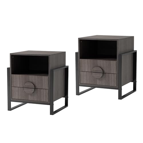 Fluted Nightstand Set with Charging Station, Grey Wash