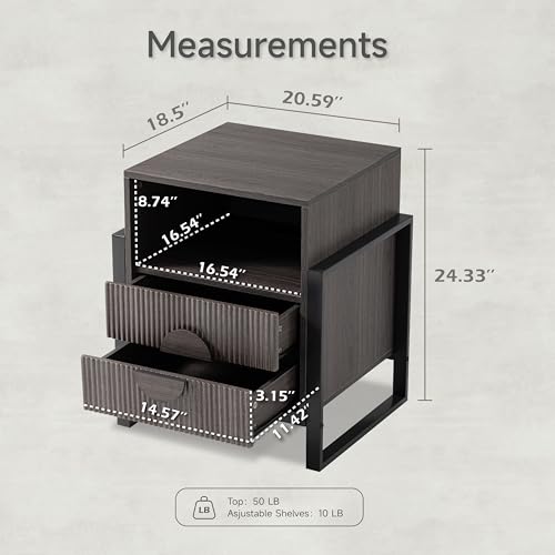Fluted Nightstand Set with Charging Station, Grey Wash