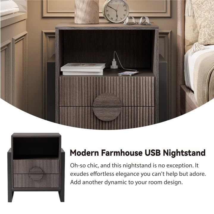 Fluted Nightstand Set with Charging Station, Grey Wash
