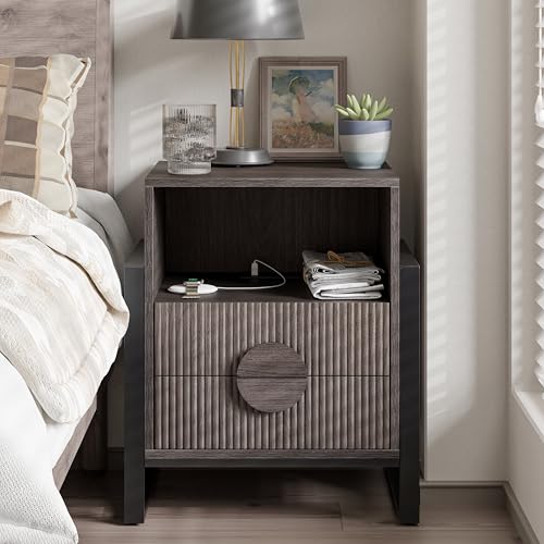 Fluted Nightstand Set with Charging Station, Grey Wash