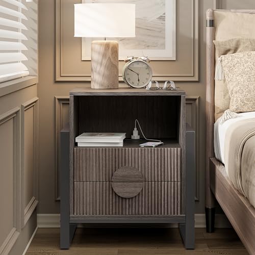 Fluted Nightstand Set with Charging Station, Grey Wash