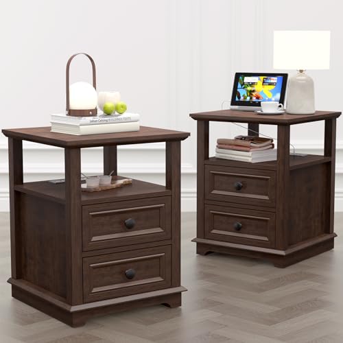 REDAYFUR Set of 2 Cherry Nightstands with Charging Station
