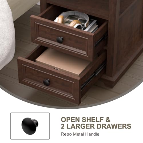 REDAYFUR Set of 2 Cherry Nightstands with Charging Station