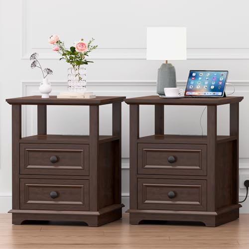REDAYFUR Set of 2 Cherry Nightstands with Charging Station