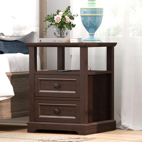 REDAYFUR Set of 2 Cherry Nightstands with Charging Station