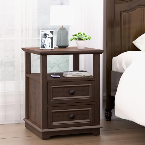 REDAYFUR Set of 2 Cherry Nightstands with Charging Station