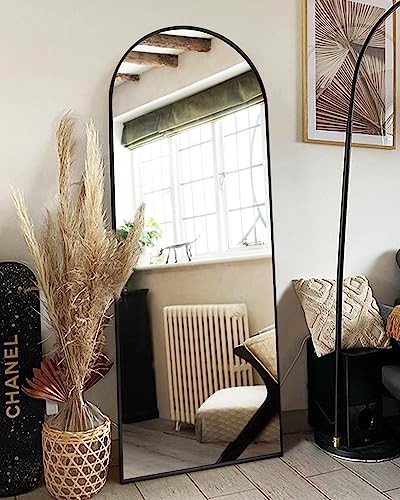 Arched Black Full-Length Floor Mirror with Stand
