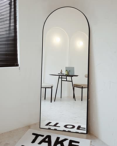 Arched Black Full-Length Floor Mirror with Stand