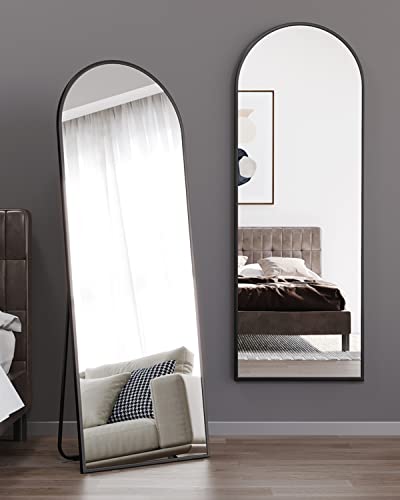 Arched Black Full-Length Floor Mirror with Stand