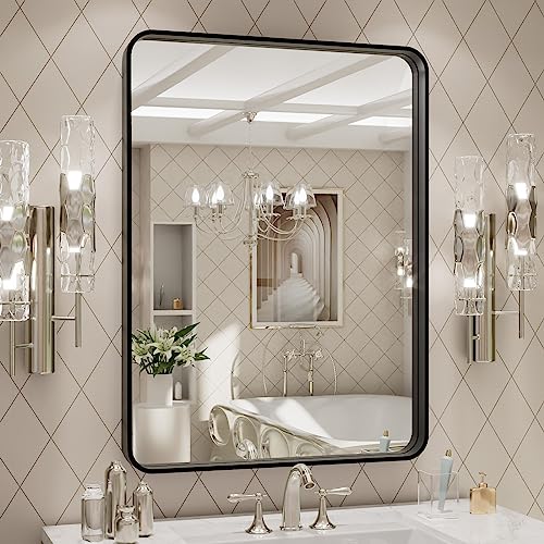 Matte Black Large Rounded Rectangle Bathroom Mirror