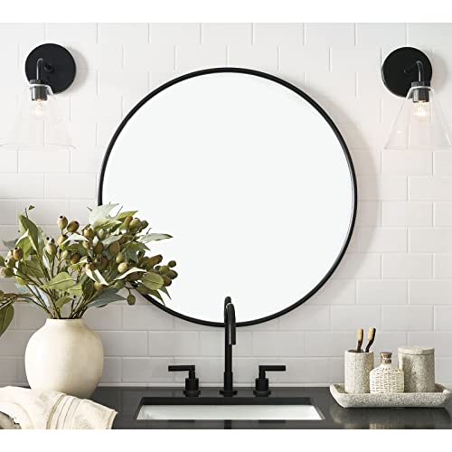 G-LEAF 32-Inch Black Round Wall Mirror