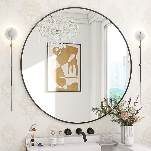 Black Metal 30-Inch Round Wall Mirror