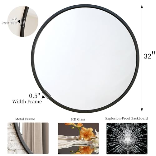 G-LEAF 32-Inch Black Round Wall Mirror