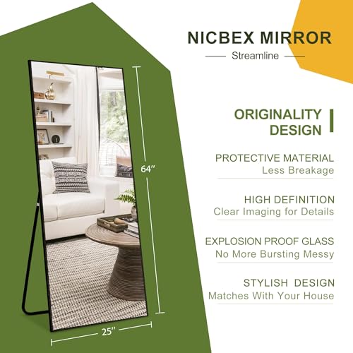 Full Length Floor Mirror with Stand, Black